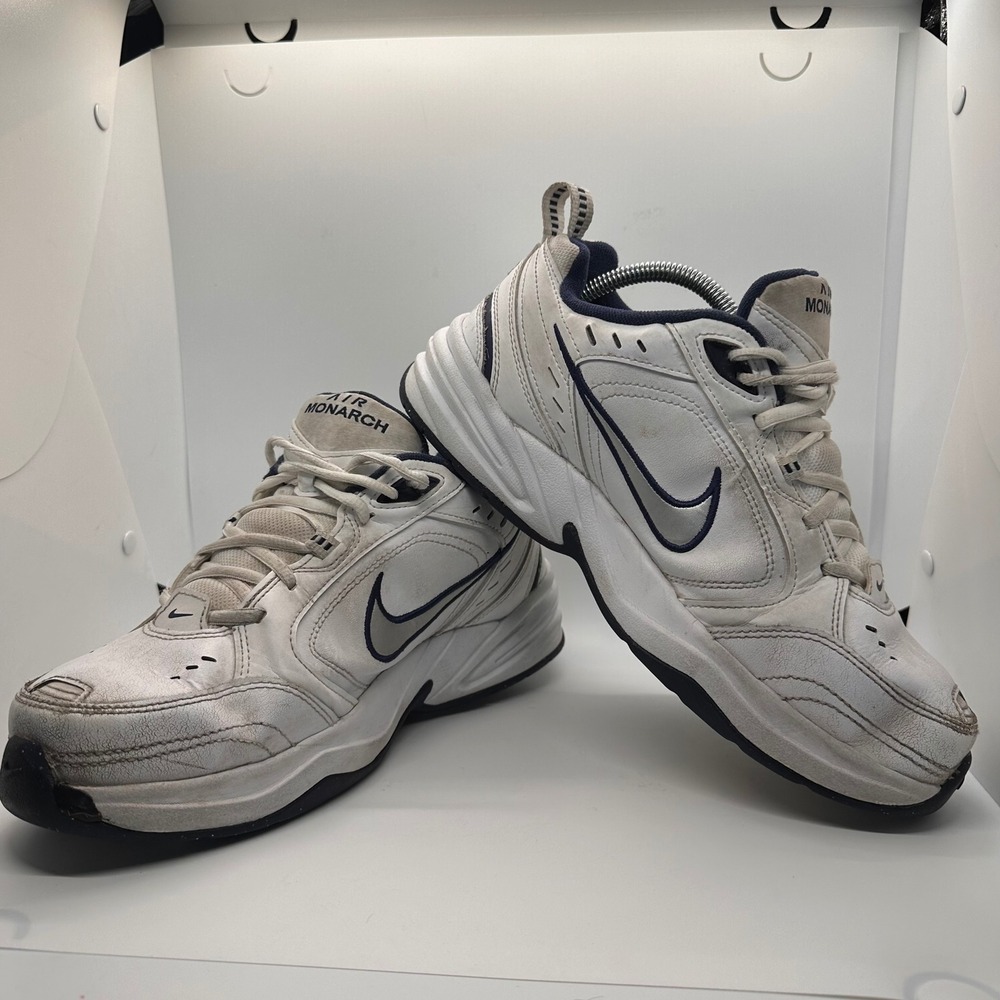 Nike Air Monarch IV Training Shoes White Navy Blue Mens Size 8.5 Sneaker Leather